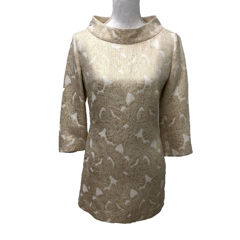 Doncaster Collection Silk Mini Dress Womens 6 3/4 Sleeve Gold Jacquard Retro